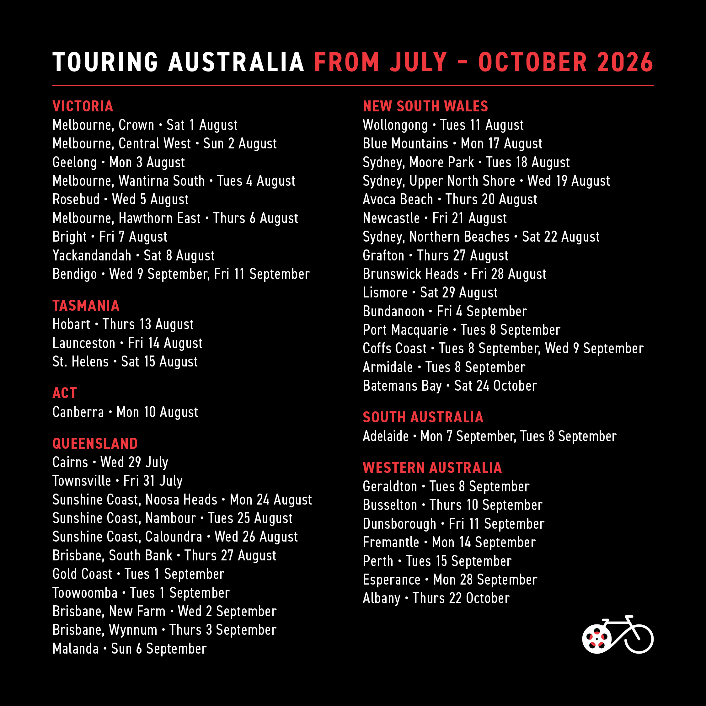 The Big Bike Film Night 2026 Australia Tour dates